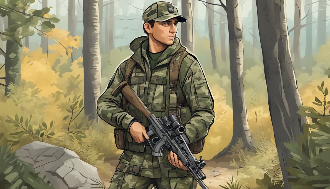 A hunter in camouflage gear holding a rifle, standing in a wooded area with a map and compass