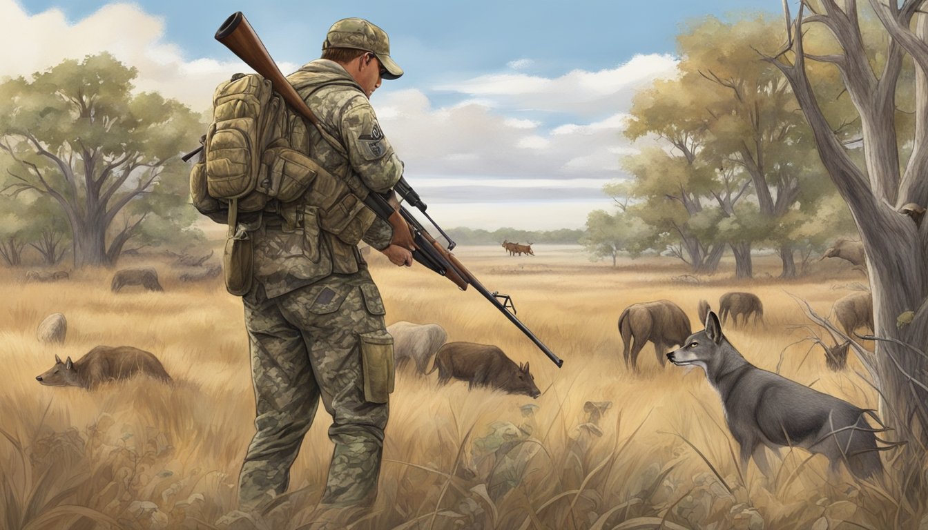 A serene Kansas landscape with a hunter in camouflage, a rifle, and various game animals in their natural habitat