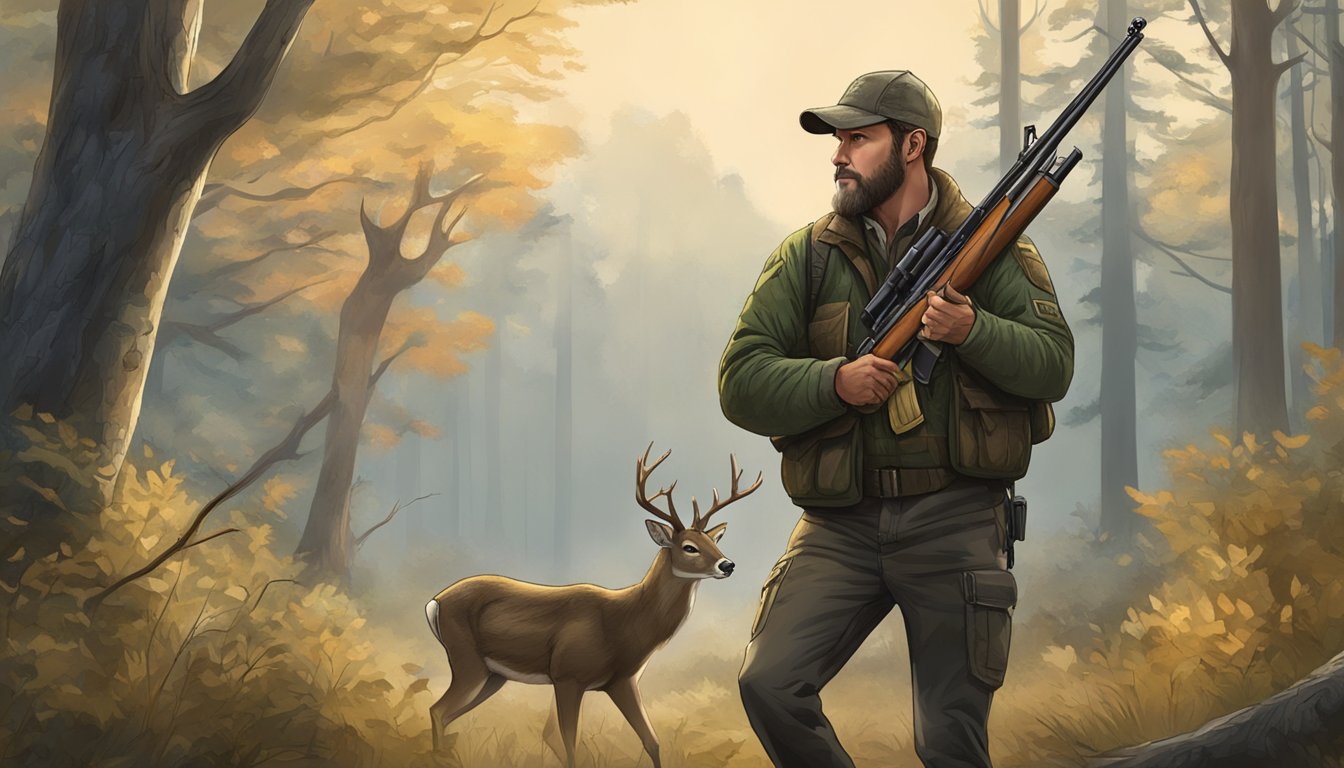 A hunter carries a rifle through a wooded area, with a deer hanging from a tree in the background