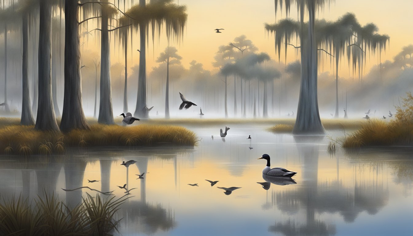 A misty morning in a Louisiana swamp, with cypress trees and Spanish moss, as ducks and geese fly overhead