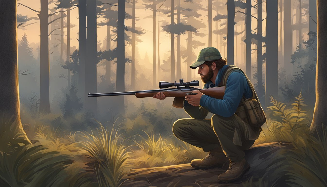 A hunter loading a rifle in a wooded area at dawn