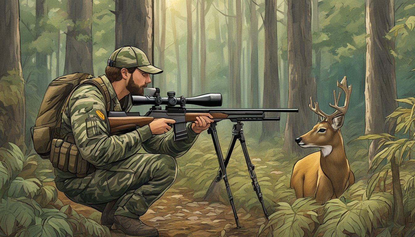 A hunter in camouflage gear aims a rifle at a deer in a dense Louisiana forest, guided by a local outfitter