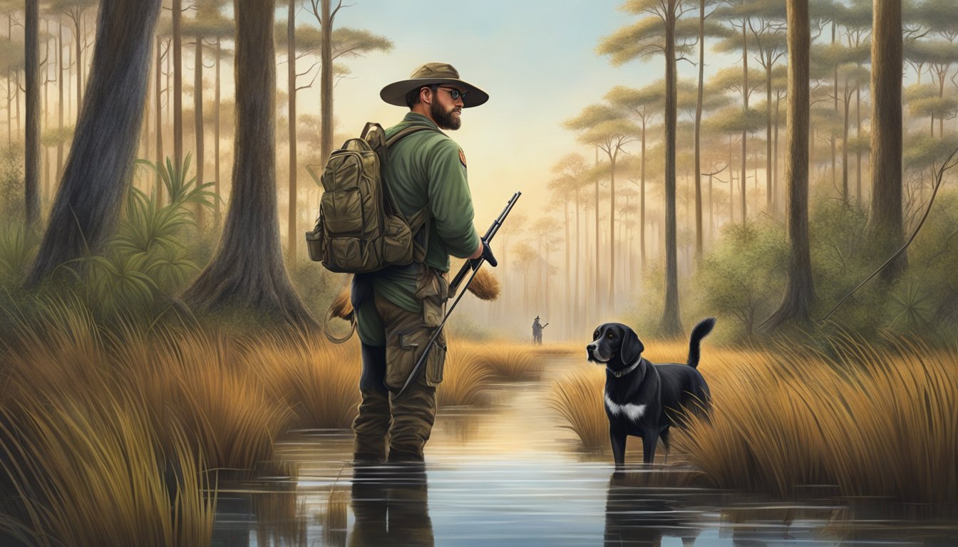 A hunter navigating through dense Louisiana swamps, surrounded by cypress trees and Spanish moss, with a hunting dog by their side