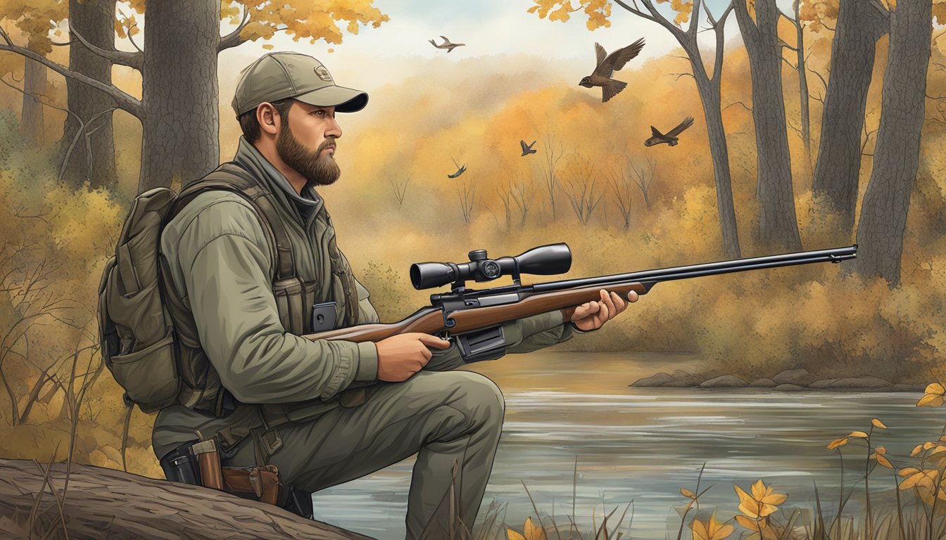 A hunter holding a rifle, surrounded by wildlife and nature in Minnesota