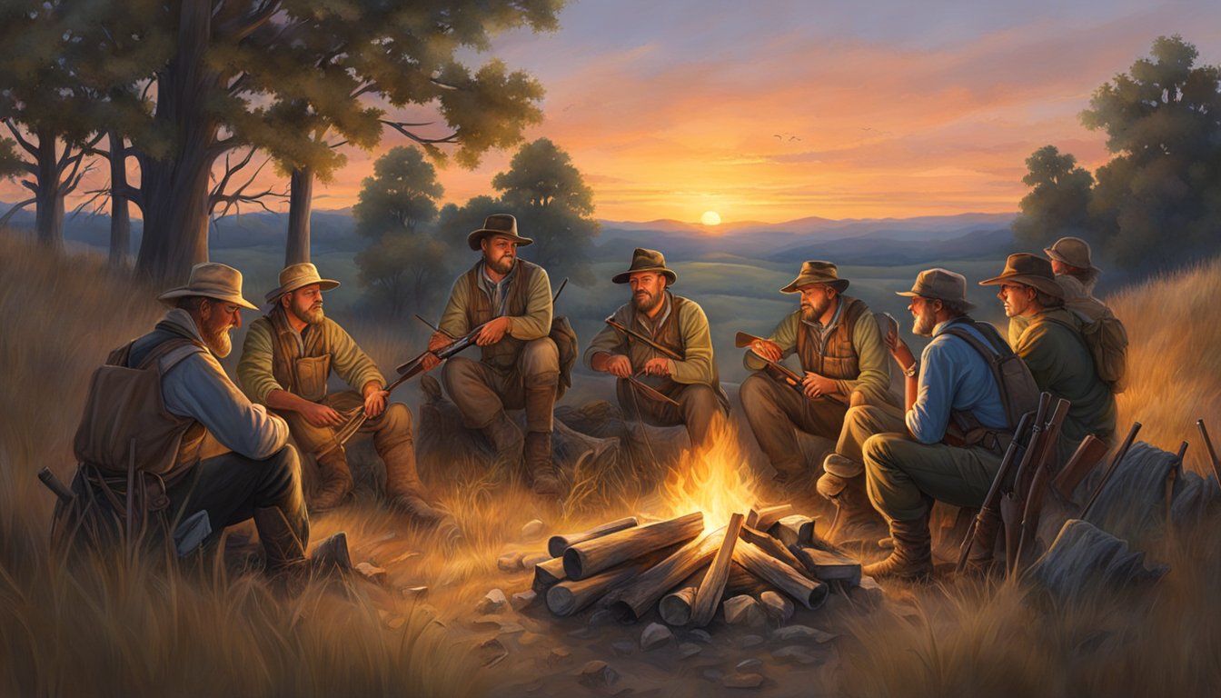 A group of hunters gather around a campfire, cleaning their rifles and sharing stories of the day's hunt. The sun sets behind the rolling hills of the Kansas countryside