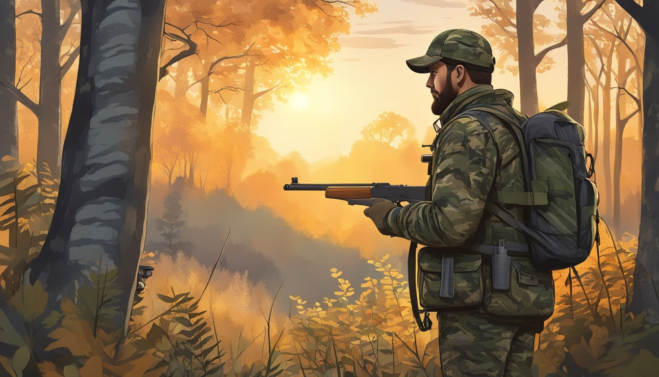 A hunter in camouflage gear stands in a wooded area, holding a rifle and looking out at the surrounding landscape. The sun is beginning to rise, casting a warm glow over the trees