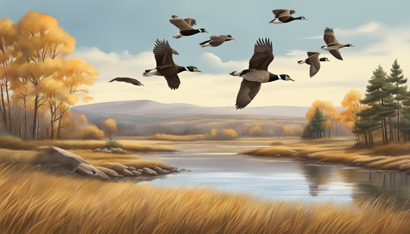 A flock of waterfowl and upland game birds flying over a picturesque Minnesota landscape