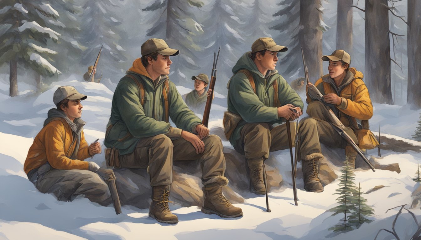 A group of young hunters gather around a seasoned guide in the Minnesota wilderness, preparing for their first hunting expedition