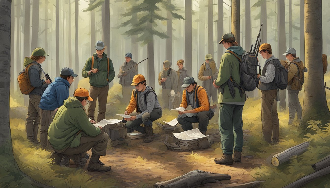 A group of young hunters gather with mentors in a forest clearing, examining maps and equipment before heading out for a day of hunting in Massachusetts