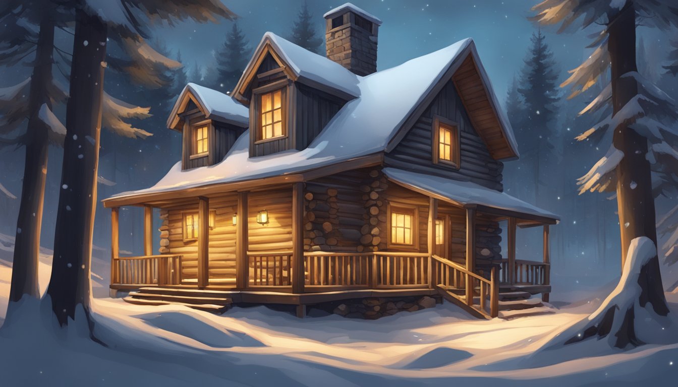 A cozy cabin nestled in the snowy woods, with a flickering fire and hunting gear scattered about