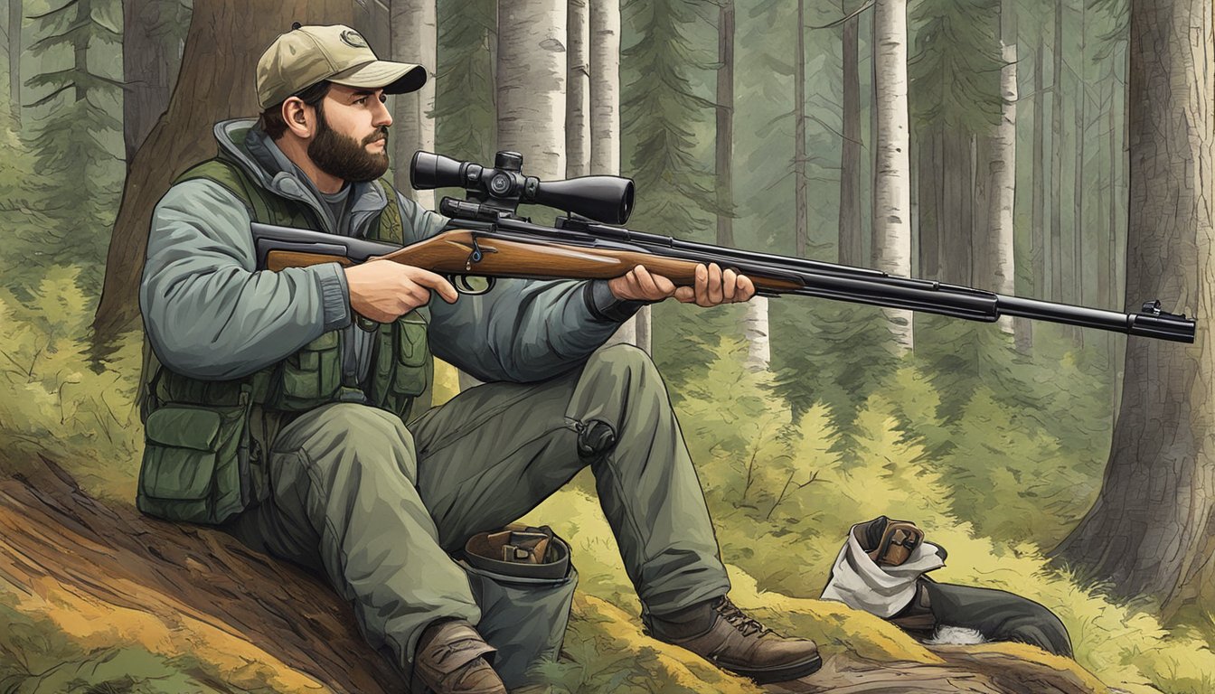 A hunter in a forest, studying a Maine hunting guide, with a rifle and gear nearby