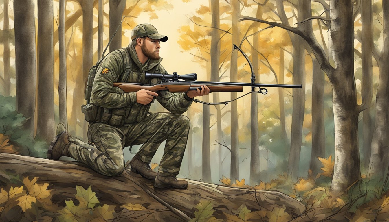 A hunter in camouflage using a tree stand, bow, and decoys in a wooded area