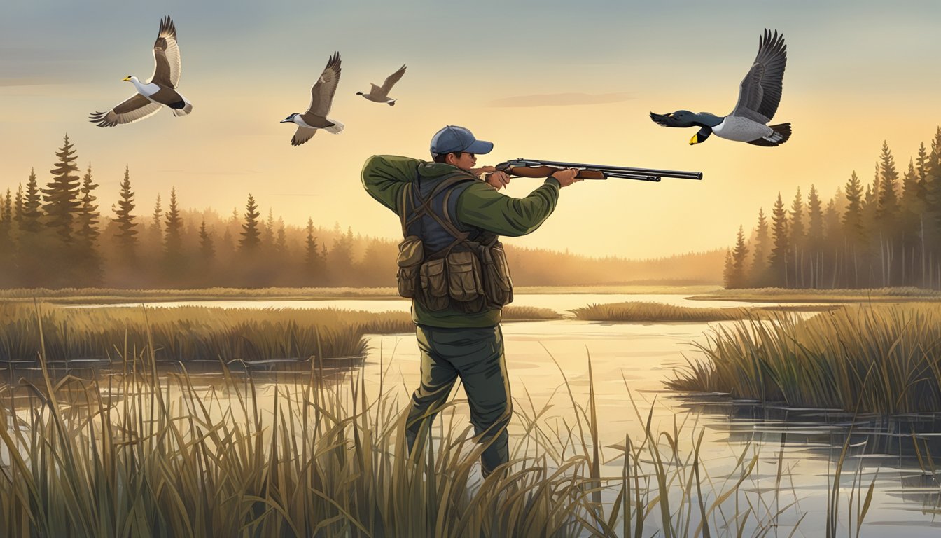 A hunter aiming a shotgun at a flying duck over a marshy wetland in Maine