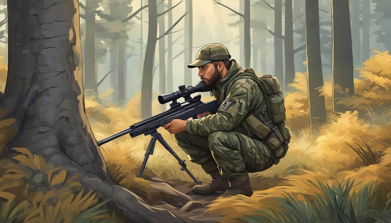 A hunter in camouflage gear crouches behind a tree, rifle in hand, scanning the forest for prey