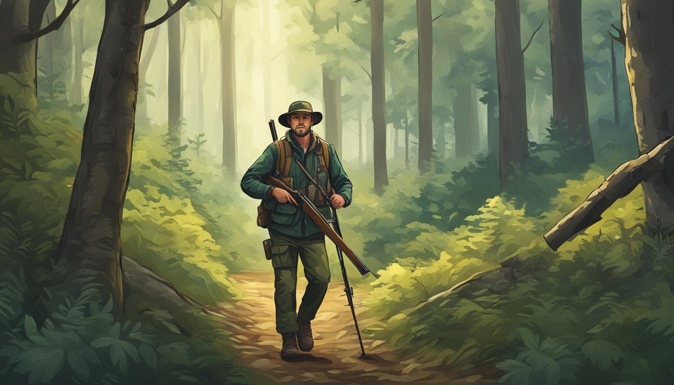 A hunter walking through a dense forest with a rifle, accompanied by a hunting guide pointing out the way