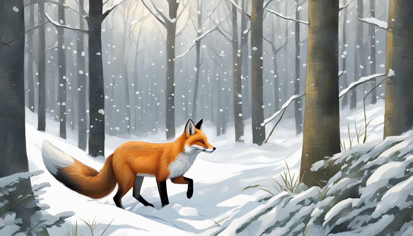 A fox stalks a rabbit through a snowy Maine forest