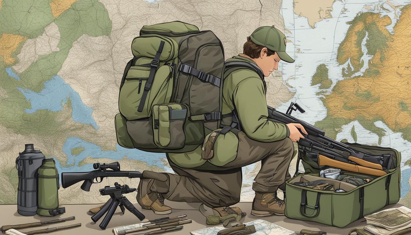 A hunter packs gear into a backpack, surrounded by rifles, camouflage clothing, and a map of Massachusetts