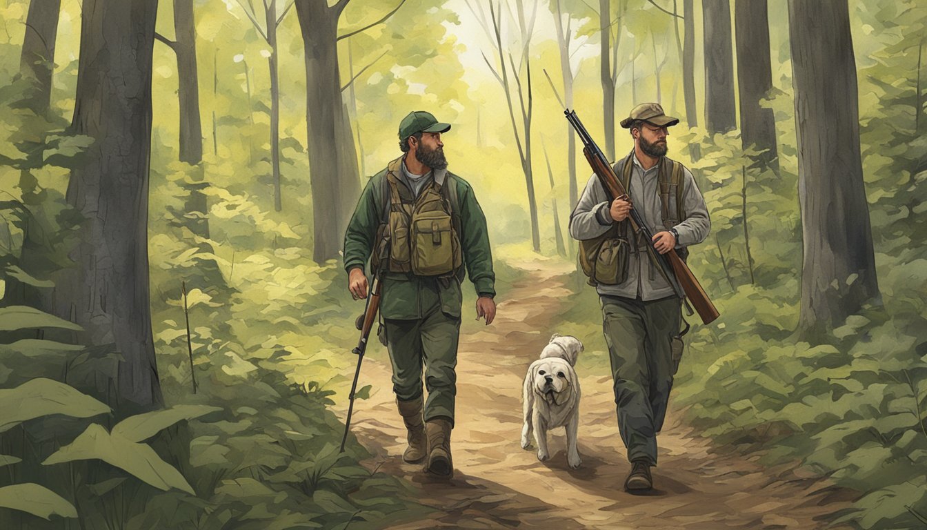 A hunter carrying a rifle walks through a wooded area in Massachusetts, with a hunting guide leading the way