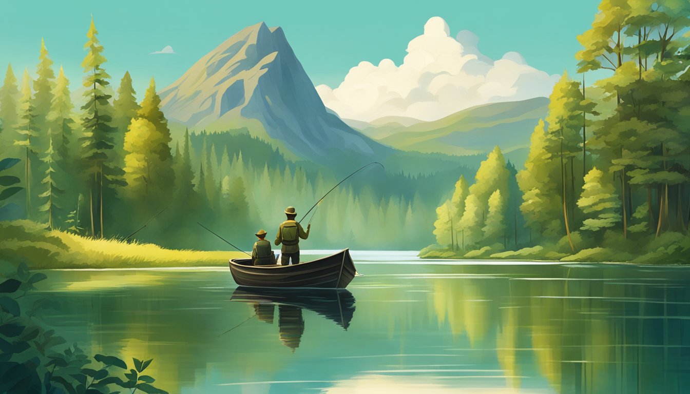 A serene lake surrounded by lush forests, with a fishing boat and a hunting guide preparing for an adventure