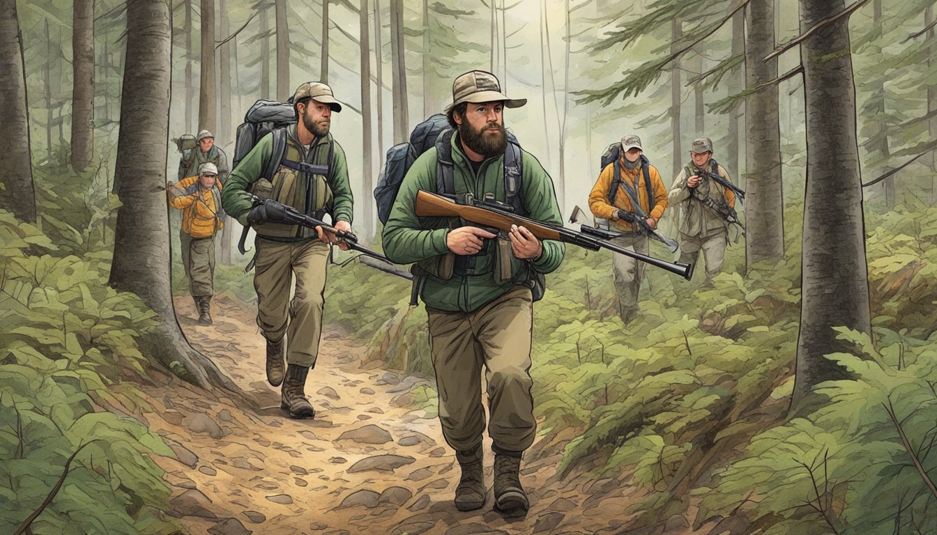 A Maine hunting guide leading a group through a dense forest, with rifles and hunting gear. The guide points out animal tracks on the ground