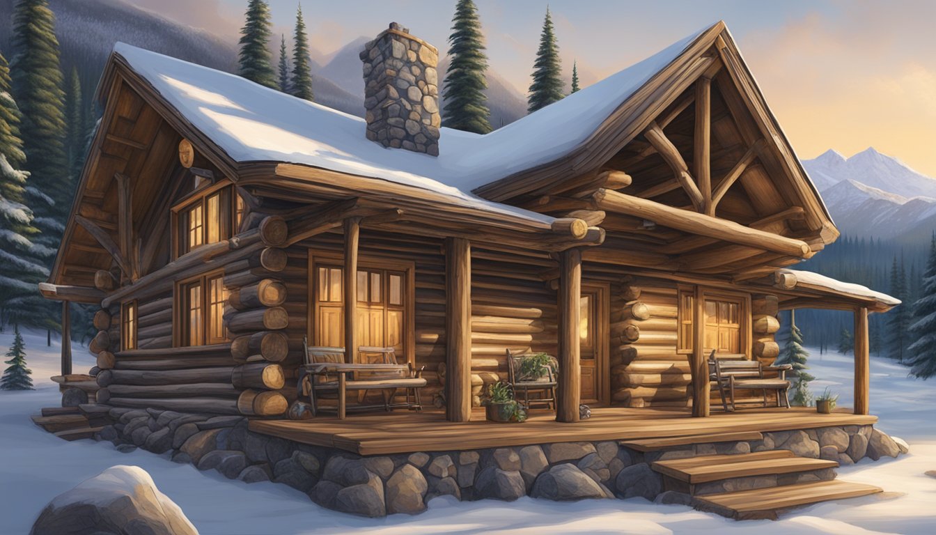 A cozy log cabin nestled in the rugged Montana wilderness, surrounded by snow-capped mountains and dense pine forests. A hunting rifle and gear are propped up against the front porch