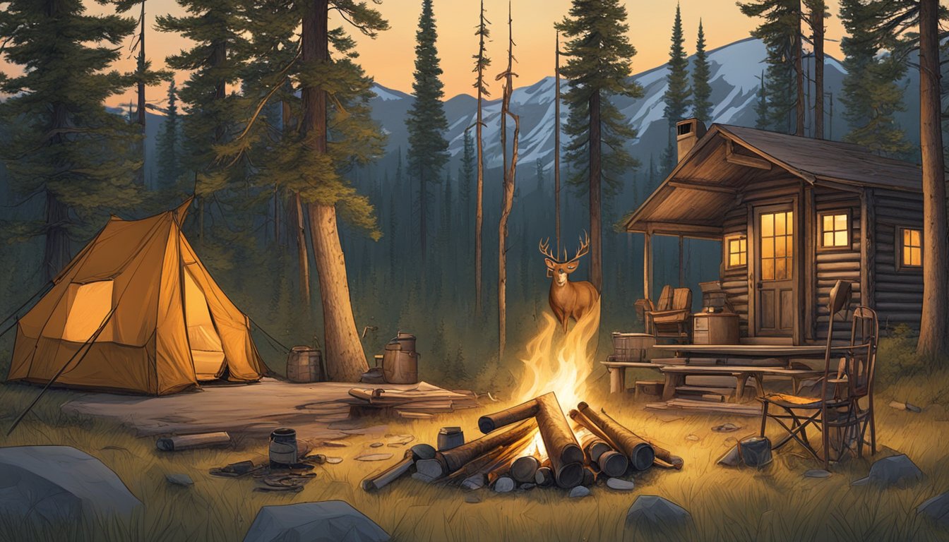 A hunter's cabin in the Montana wilderness, with a freshly killed deer hanging from a tree and hunting gear scattered around the campfire