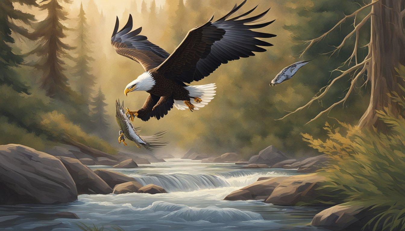 A bald eagle swoops down to catch a fish from a river, while a fox stealthily stalks its prey through the underbrush