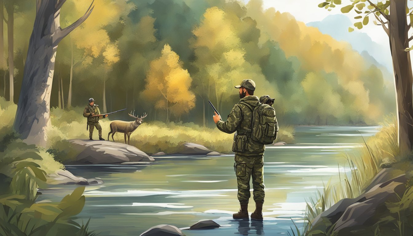 A hunter in camouflage gear stands by a river, surrounded by trees and wildlife, with a hunting guide pointing out the best spots