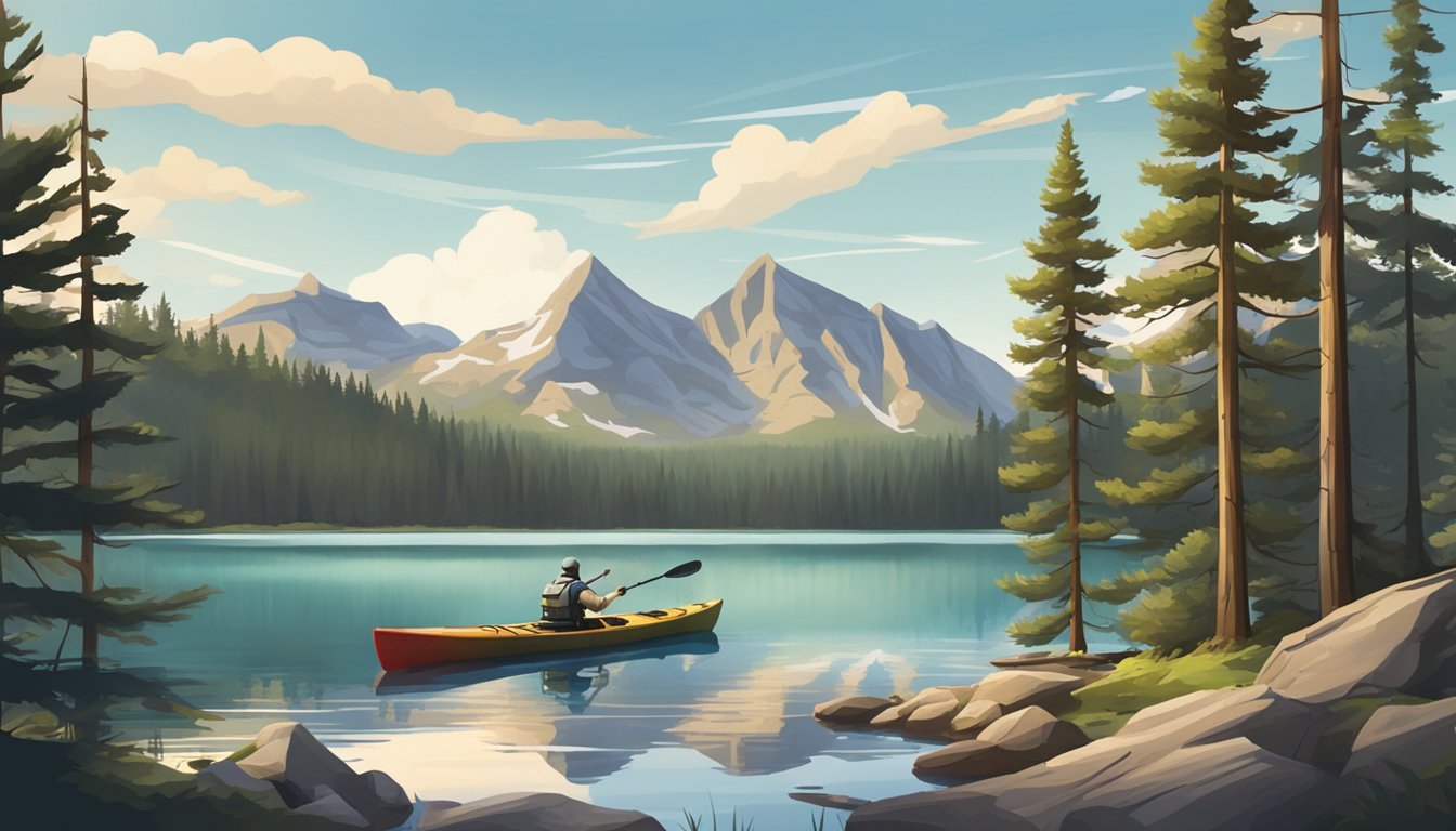 A serene mountain lake surrounded by pine trees, with a kayak and fishing gear on the shore