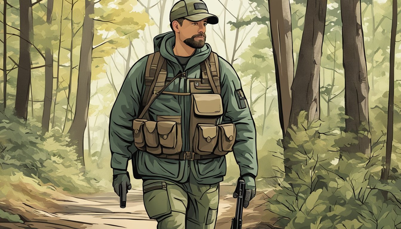 A hunter in camouflage gear holds a shotgun while walking through a wooded area. A hunting guidebook is tucked into a pocket