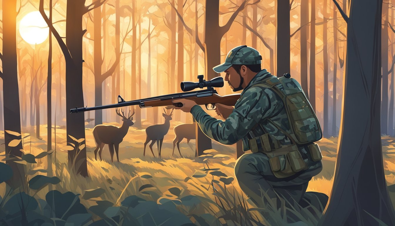 A hunter in camouflage gear aims a rifle at a deer in a forest clearing. The sun sets behind the trees, casting long shadows