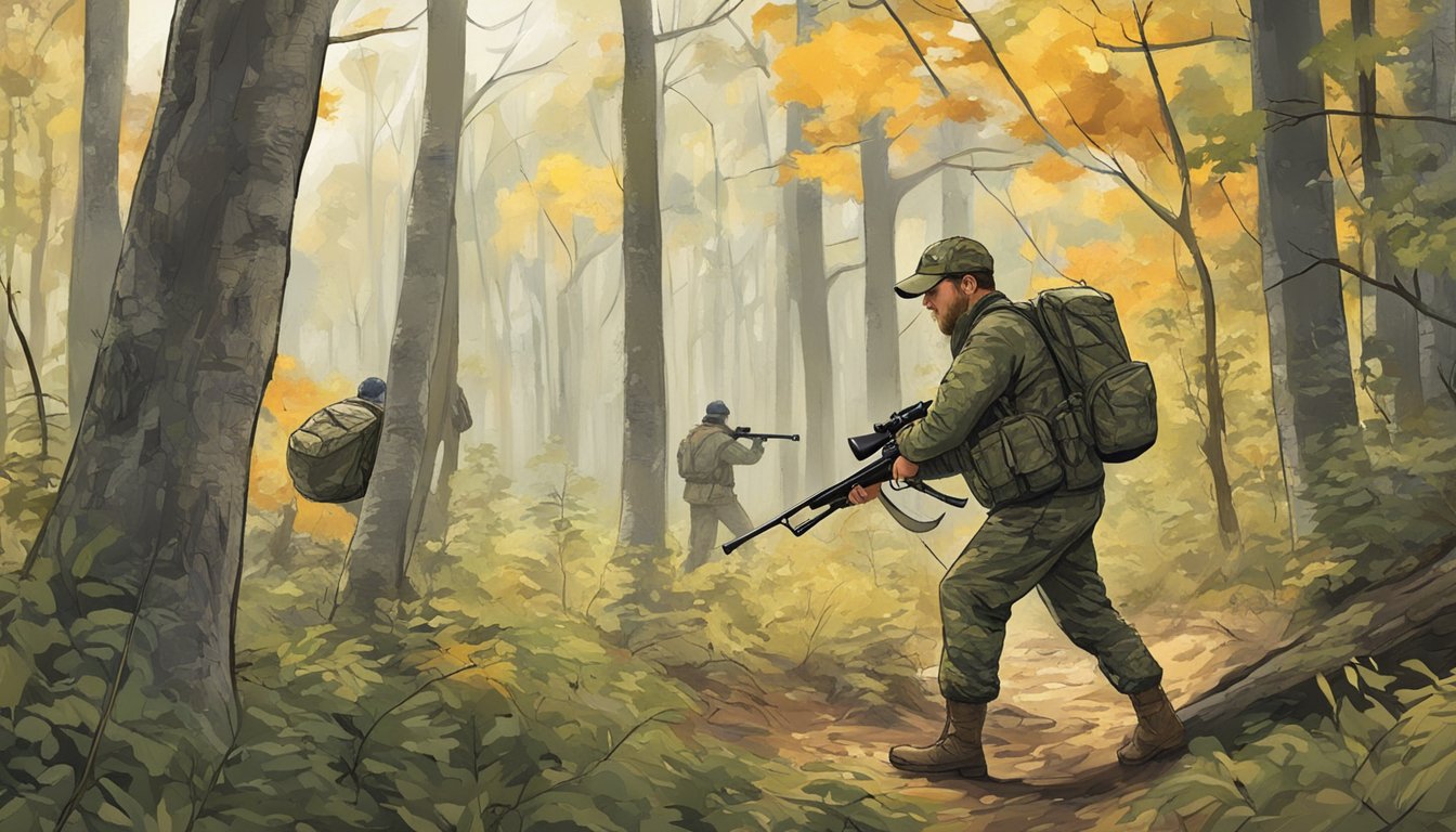 A hunter in camouflage gear stalking through a dense Michigan forest, rifle in hand, while a guide points out animal tracks