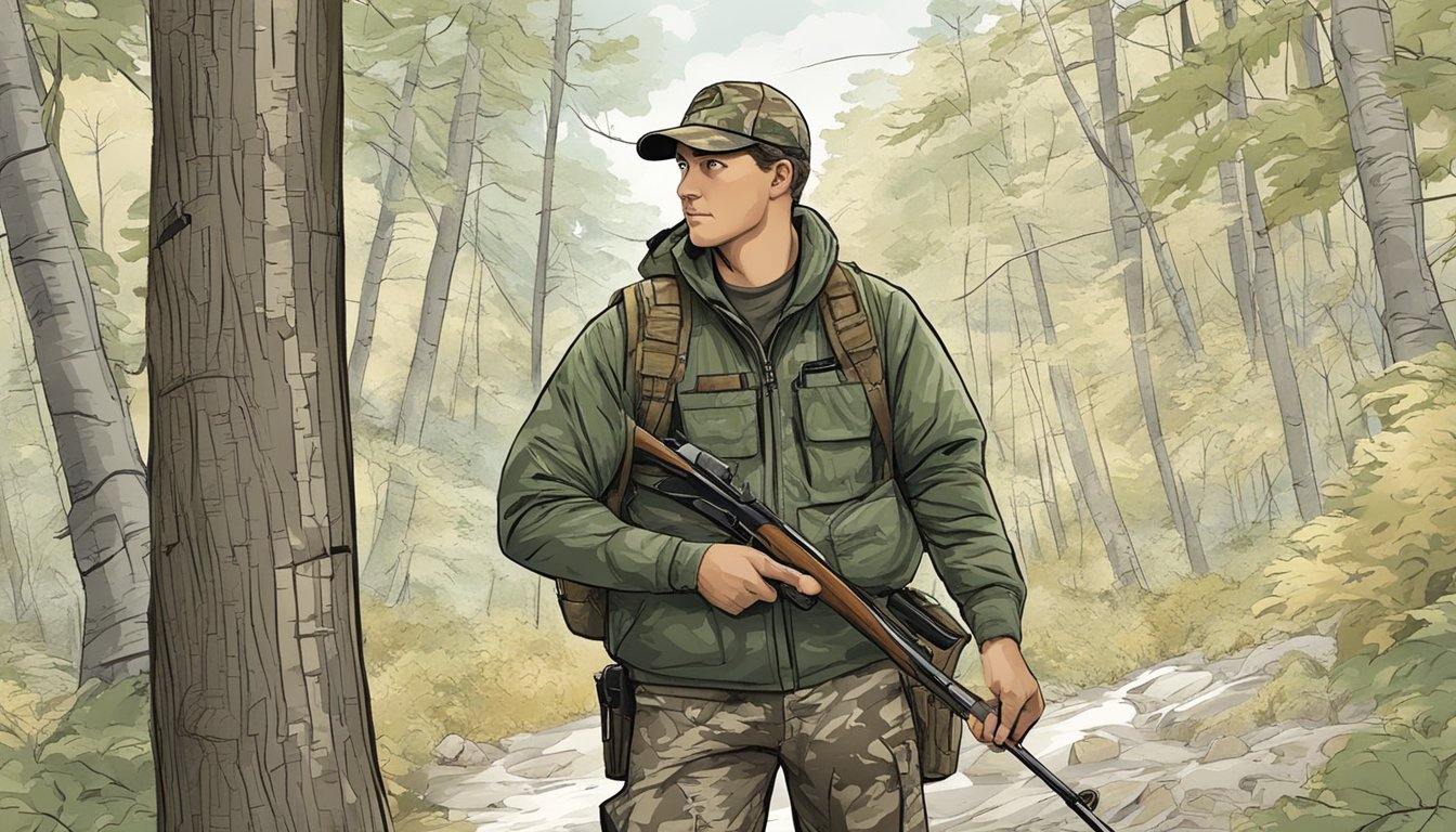 A hunter in camouflage navigating through a dense forest, with a map of Michigan's hunting locations in hand