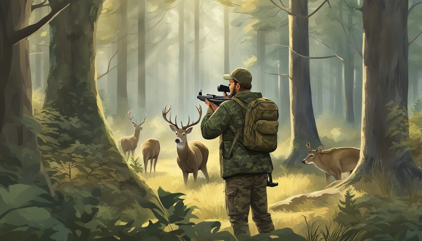 A hunter in camouflage aims at a deer in a forest clearing, as other wildlife roam nearby