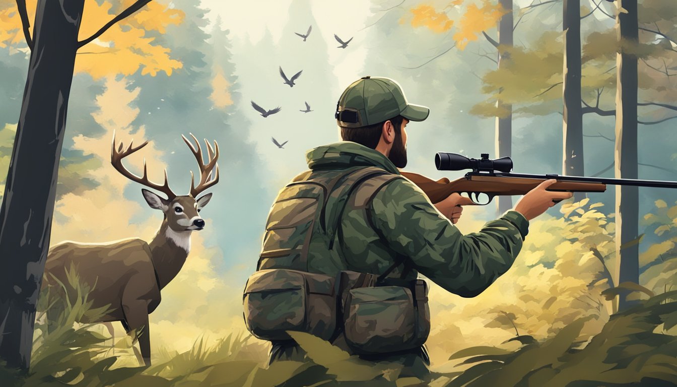 A hunter in camouflage aiming at a deer in a forest clearing. Birds fly overhead and a stream runs through the background