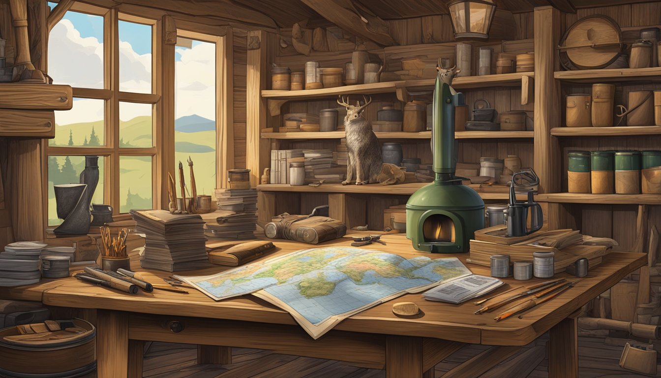 A hunter's cabin with a stack of hunting guides and maps on a wooden table, surrounded by hunting gear and wildlife trophies