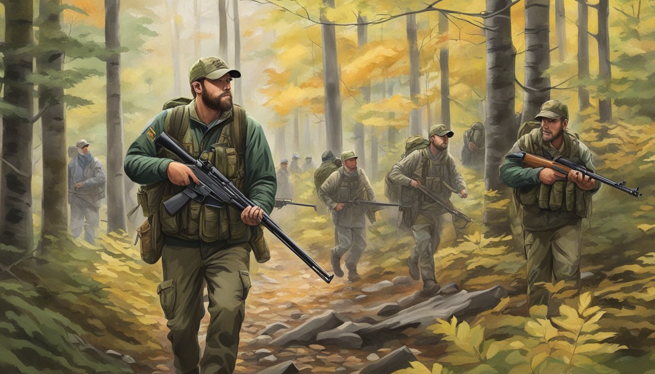 A hunting guide leading a group through a dense New Hampshire forest, with rifles and camouflage gear