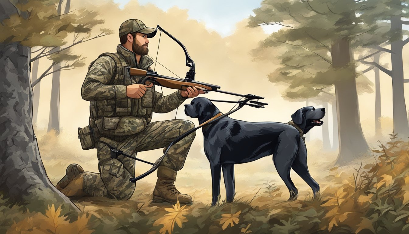 A hunter in camouflage holds a compound bow, while a hunting dog sniffs the ground for a scent. A tree stand and hunting blind are nearby