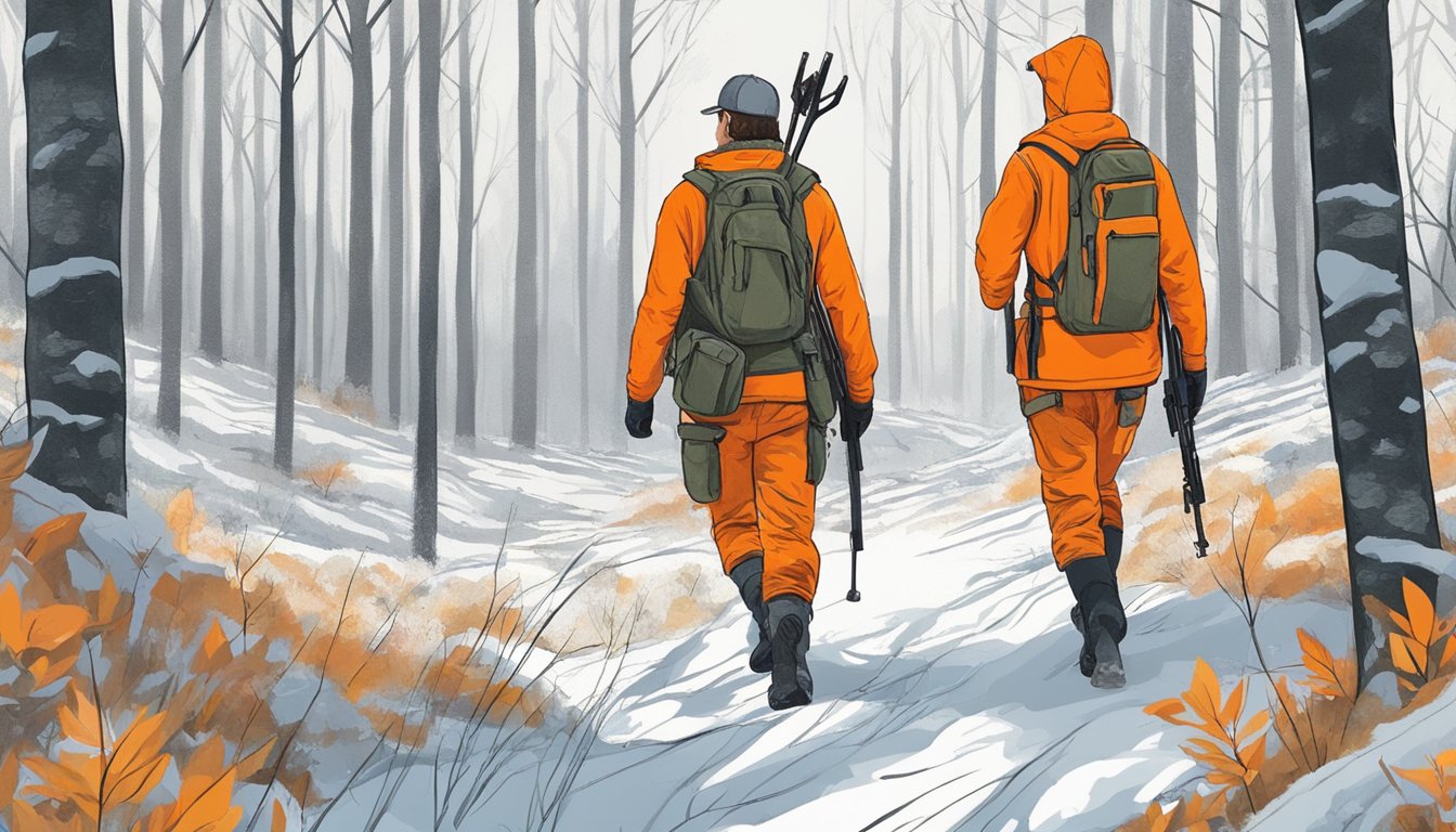 A hunter carrying a rifle walks through the woods, wearing bright orange clothing for visibility. A deer stands in the distance, undisturbed