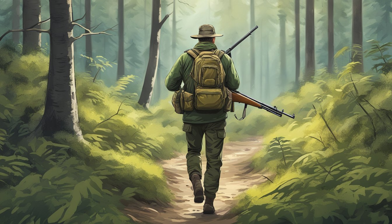 A hunter walking through a dense forest, rifle in hand, following a trail of fresh animal tracks