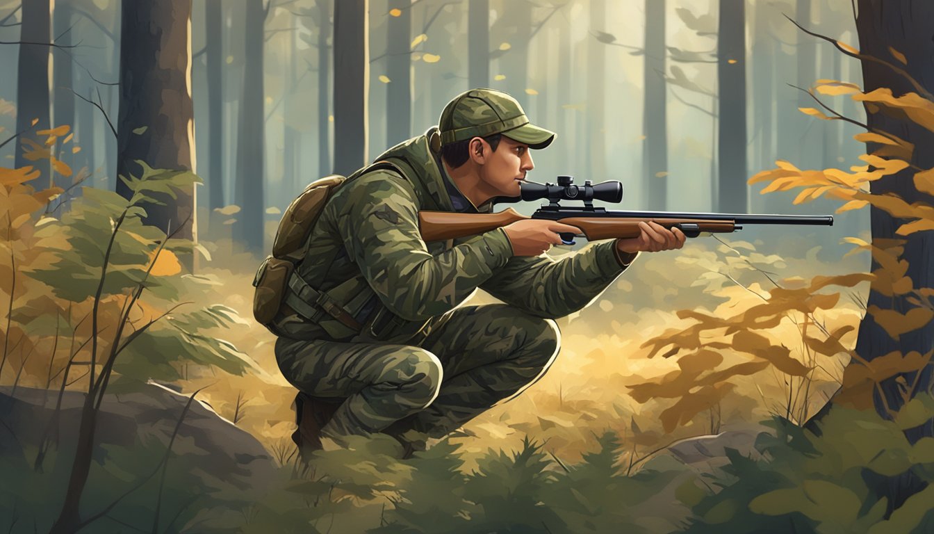 A hunter in camouflage gear aims a rifle at a deer in a forest clearing