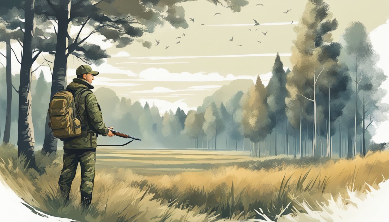 A hunter in camouflage stands in a field, surrounded by trees and wildlife. A guide points to a map of hunting locations