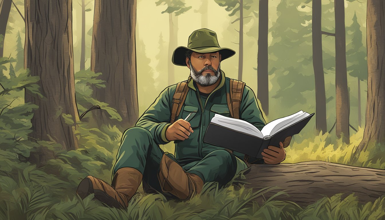 A hunter reading the Missouri Hunting Regulations guidebook in a peaceful forest clearing