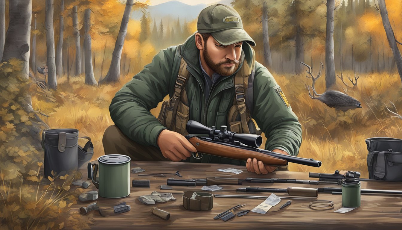 A hunter hangs up their gear, cleans their rifle, and checks their game tags