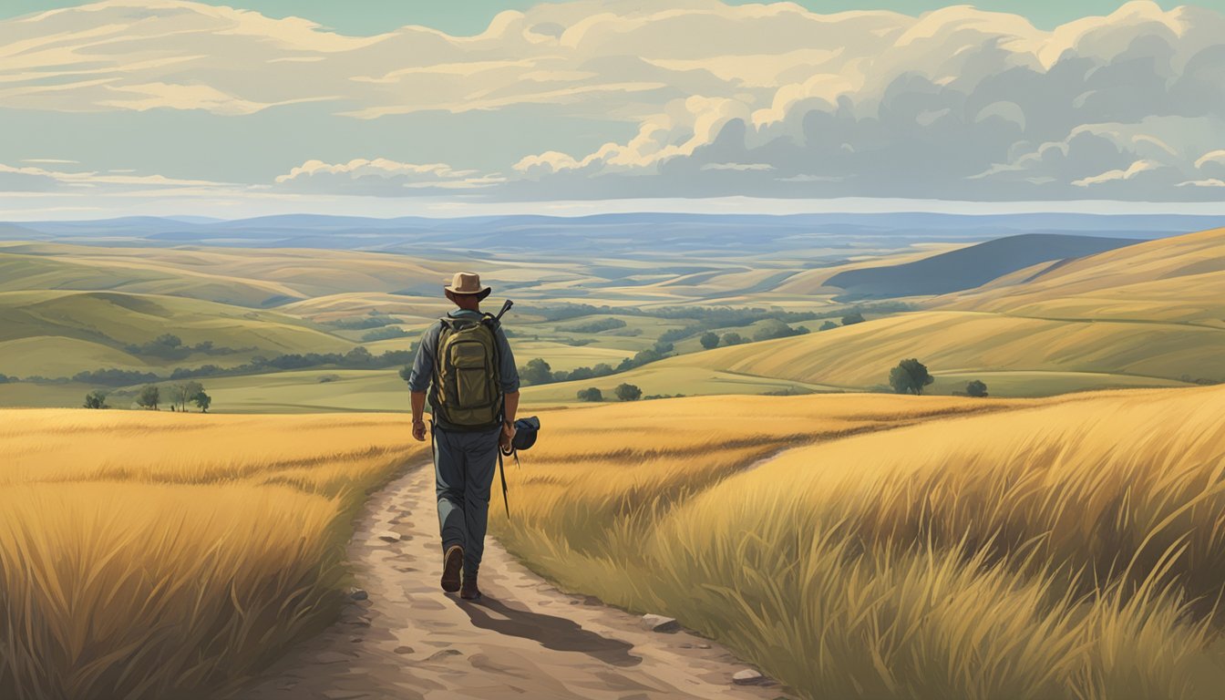 A hunter walking through a vast Nebraska landscape, surrounded by rolling hills and fields, with a hunting guide in hand