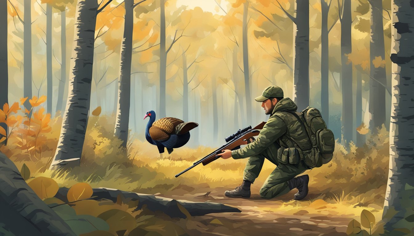 A hunter in camouflage aiming at a turkey in a forest clearing