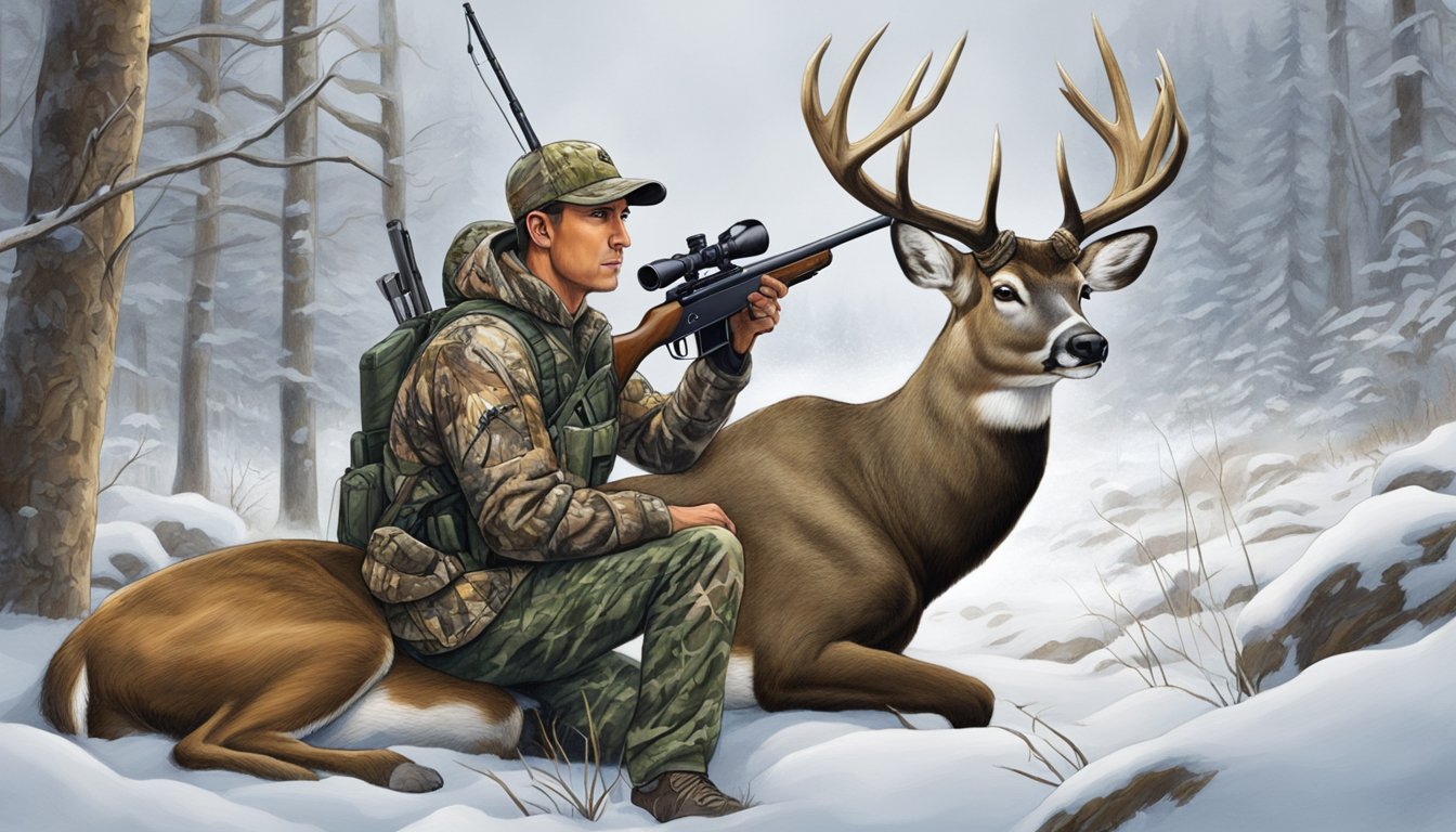 A hunter in camouflage aims a rifle at a majestic buck in the New York wilderness