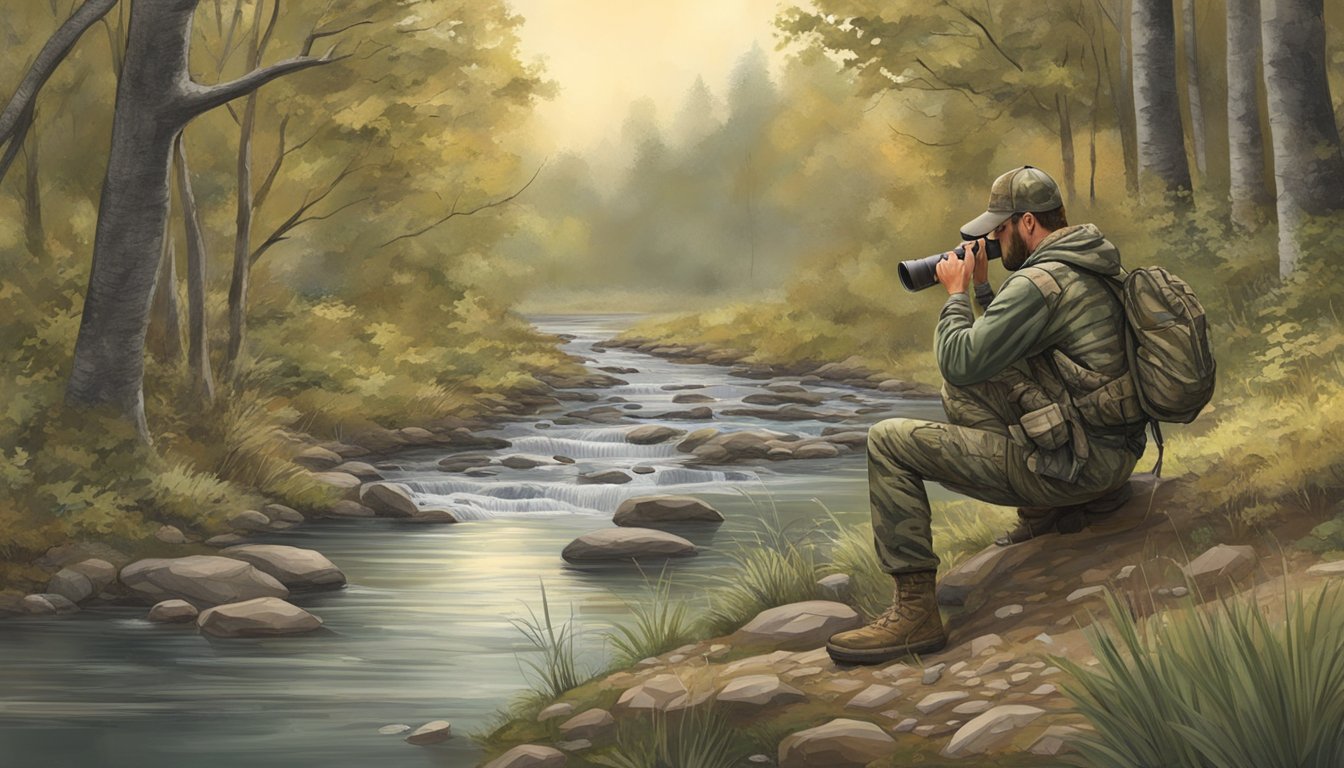 A hunter in camouflage kneeling beside a tranquil stream, observing a deer through binoculars in a Missouri forest