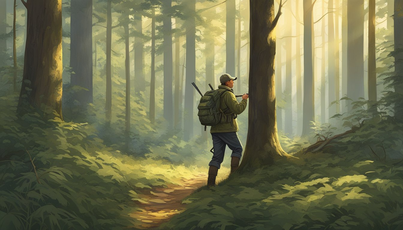 A hunter silently stalks through the dense forest, carefully scanning the ground for tracks and signs of game. The early morning light filters through the trees, casting dappled shadows on the forest floor