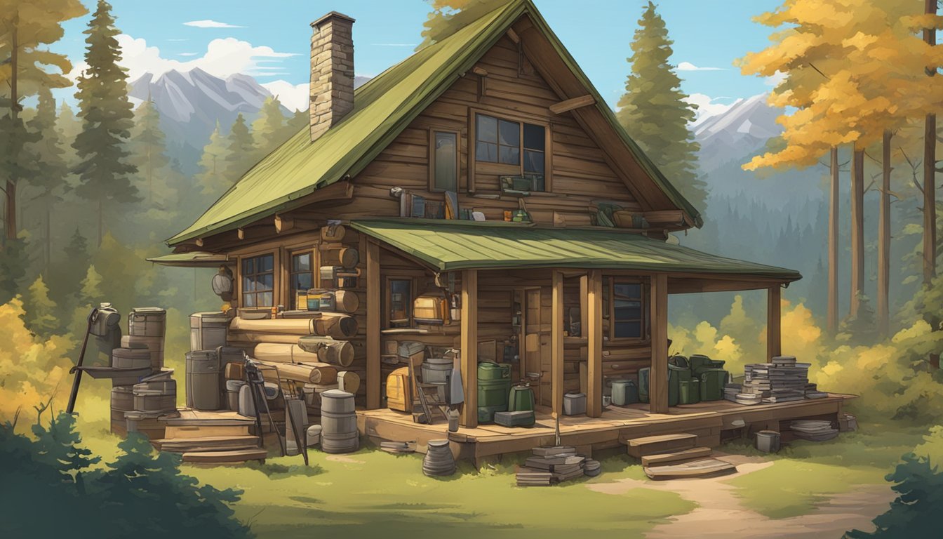 A hunter's cabin nestled in the woods, surrounded by maps, gear, and hunting rifles. A guide points to a map, discussing the best hunting locations